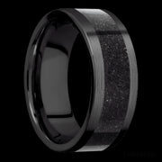 8 mm wide/Flat/Zirconium band with one 5 mm Centered inlay of Dinosaur Bone Black.