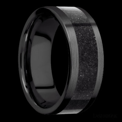 8 mm wide/Flat/Zirconium band with one 5 mm Centered inlay of Dinosaur Bone Black.