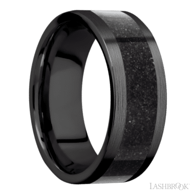 8 mm wide/Flat/Zirconium band with one 5 mm Centered inlay of Dinosaur Bone Black.