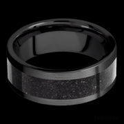 8 mm wide/Flat/Zirconium band with one 5 mm Centered inlay of Dinosaur Bone Black.