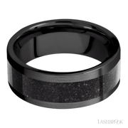 8 mm wide/Flat/Zirconium band with one 5 mm Centered inlay of Dinosaur Bone Black.