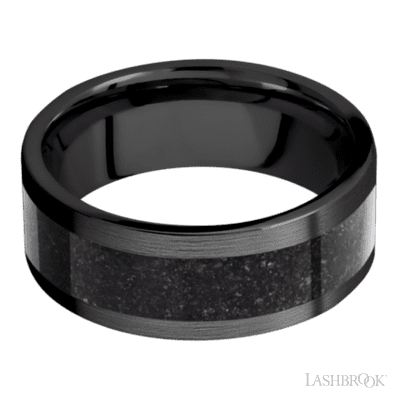 8 mm wide/Flat/Zirconium band with one 5 mm Centered inlay of Dinosaur Bone Black.