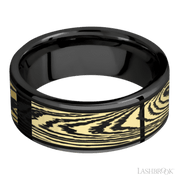 8 mm wide/Flat/Zirconium band with one 6 mm Centered inlay of 14K Yellow Gold with a laser carved Woodgrain pattern.