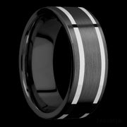 8 mm wide/Flat/Zirconium band with two 1 mm Wide inlays of 14K White Gold.