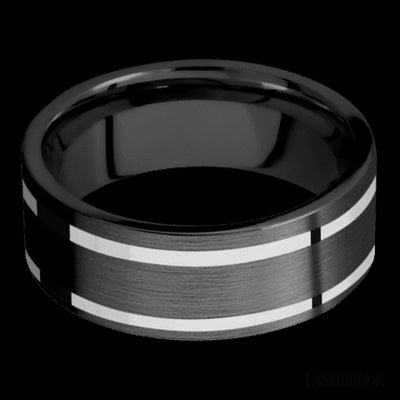 8 mm wide/Flat/Zirconium band with two 1 mm Wide inlays of 14K White Gold.