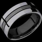 8 mm wide/Flat/Zirconium band with two 3 mm Double Off Center Edge inlays of Tantalum.