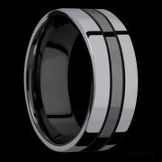 8 mm wide/Flat/Zirconium band with two 3 mm Double Off Center Edge inlays of Tantalum.