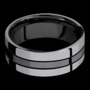 8 mm wide/Flat/Zirconium band with two 3 mm Double Off Center Edge inlays of Tantalum.