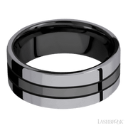8 mm wide/Flat/Zirconium band with two 3 mm Double Off Center Edge inlays of Tantalum.