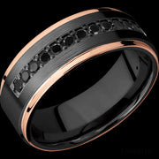 8 mm wide/Flat Grooved Edges/Zirconium band with a Half Eternity arrangement of .03 carat Round Black Diamond stones in a Bead setting and featuring two 1 mm Edge inlays of 14K Rose Gold