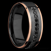 8 mm wide/Flat Grooved Edges/Zirconium band with a Half Eternity arrangement of .03 carat Round Black Diamond stones in a Bead setting and featuring two 1 mm Edge inlays of 14K Rose Gold