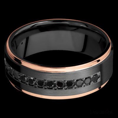 8 mm wide/Flat Grooved Edges/Zirconium band with a Half Eternity arrangement of .03 carat Round Black Diamond stones in a Bead setting and featuring two 1 mm Edge inlays of 14K Rose Gold