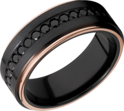 Zirconium 8mm flat band with 14K rose gold grooved edges and 16, .04ct bead-set eternity black diamonds