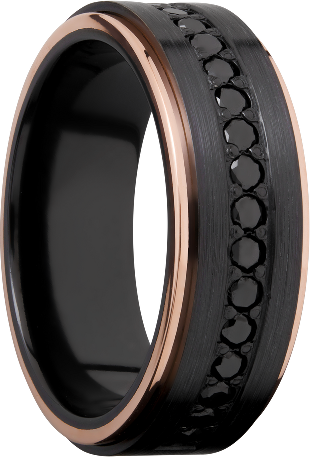 Zirconium 8mm flat band with 14K rose gold grooved edges and 16, .04ct bead-set eternity black diamonds