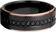 Zirconium 8mm flat band with 14K rose gold grooved edges and 16, .04ct bead-set eternity black diamonds