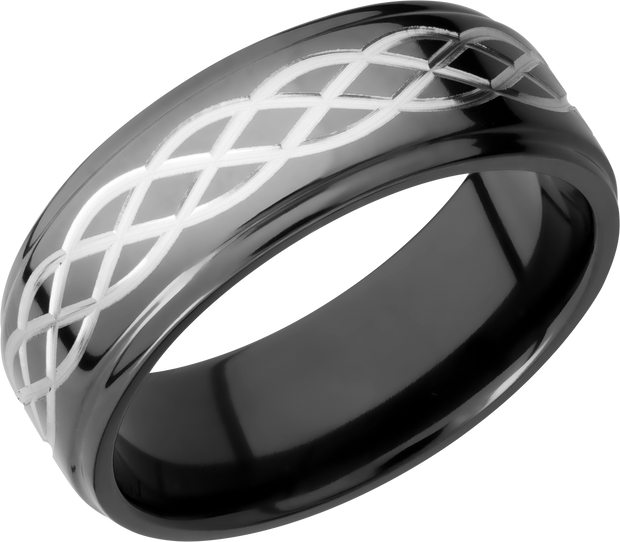 Zirconium 8mm flat band with a laser-carved celtic pattern