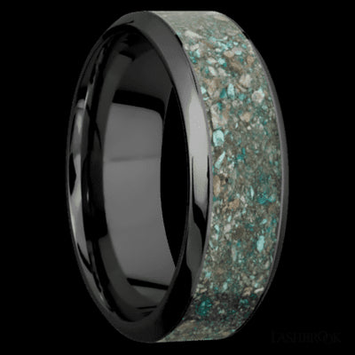 8 mm wide/High Bevel/Zirconium band with one 5 mm Centered inlay of Ocean Jasper.