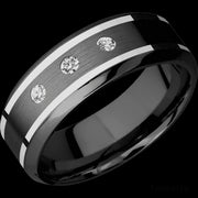 8 mm wide/High Bevel/Zirconium band with  two 1 mm Wide inlays of 14K White Gold and featuring an  arrangement of 3, .05 carat Round Diamond (ST) stones in a Flush setting