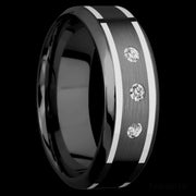 8 mm wide/High Bevel/Zirconium band with  two 1 mm Wide inlays of 14K White Gold and featuring an  arrangement of 3, .05 carat Round Diamond (ST) stones in a Flush setting