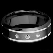 8 mm wide/High Bevel/Zirconium band with  two 1 mm Wide inlays of 14K White Gold and featuring an  arrangement of 3, .05 carat Round Diamond (ST) stones in a Flush setting