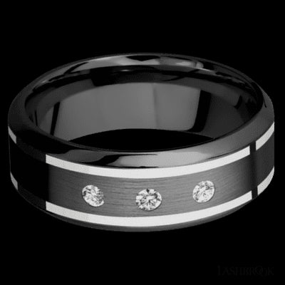 8 mm wide/High Bevel/Zirconium band with  two 1 mm Wide inlays of 14K White Gold and featuring an  arrangement of 3, .05 carat Round Diamond (ST) stones in a Flush setting