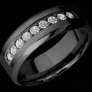 8 mm wide/High Bevel/Zirconium band with an  arrangement of 9, .05 carat Round Diamond stones in a Bead setting.