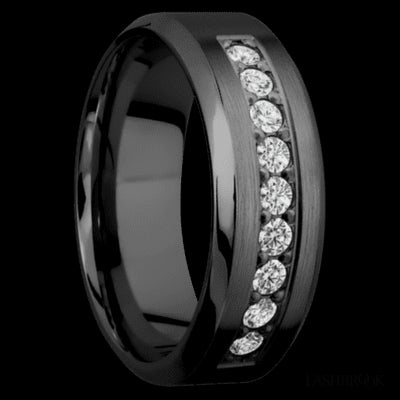 8 mm wide/High Bevel/Zirconium band with an  arrangement of 9, .05 carat Round Diamond stones in a Bead setting.