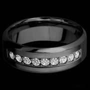 8 mm wide/High Bevel/Zirconium band with an  arrangement of 9, .05 carat Round Diamond stones in a Bead setting.