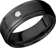 Zirconium 8mm flat band with slightly rounded edges and a flush-set .07ct diamond