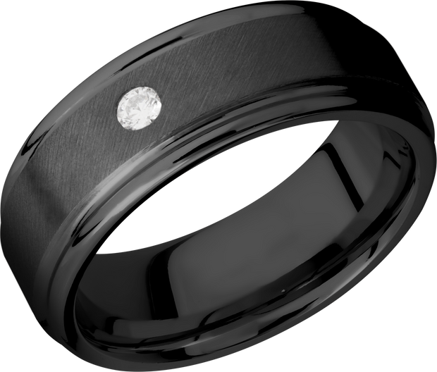 Zirconium 8mm flat band with slightly rounded edges and a flush-set .07ct diamond