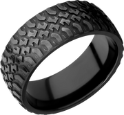 Zirconium 9mm domed band with a laser-carved truck pattern
