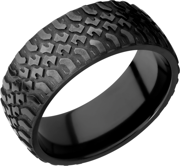 Zirconium 9mm domed band with a laser-carved truck pattern