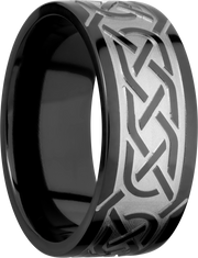 Zirconium 9mm flat band with a laser-carved celtic pattern