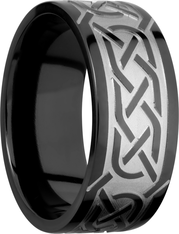 Zirconium 9mm flat band with a laser-carved celtic pattern