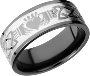 Zirconium 9mm flat band with a laser-carved claddagh celtic pattern