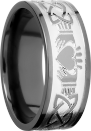 Zirconium 9mm flat band with a laser-carved claddagh celtic pattern