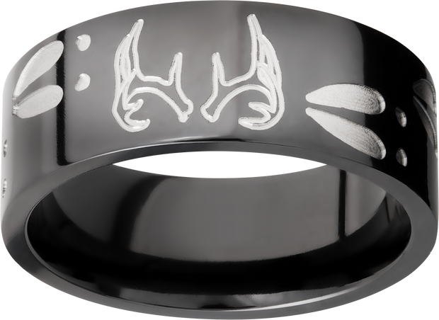 Zirconium 9mm flat band with a laser-carved deer track pattern
