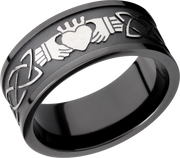 Zirconium 9mm flat band with a laser-carved claddagh celtic pattern