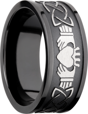 Zirconium 9mm flat band with a laser-carved claddagh celtic pattern