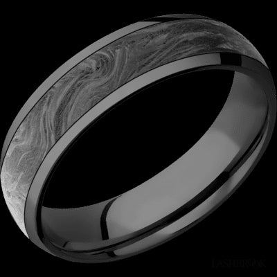 6 mm wide/Domed/Zirconium band with one 4 mm Centered inlay of Forged Carbon Fiber.