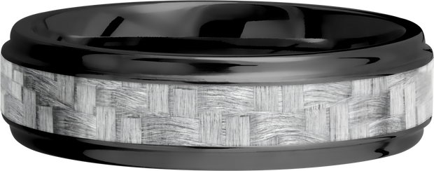 Zirconium 6mm flat band with grooved edges and a 3mm inlay of silver Carbon Fiber