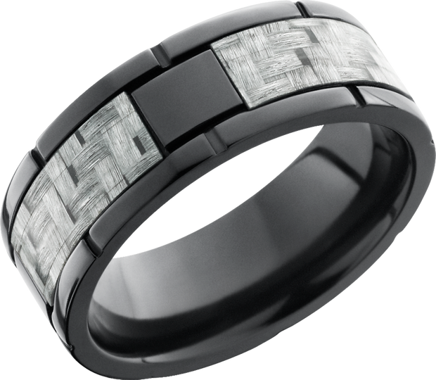 Zirconium 8mm flat band with segment details and a 4mm inlay of silver Carbon Fiber