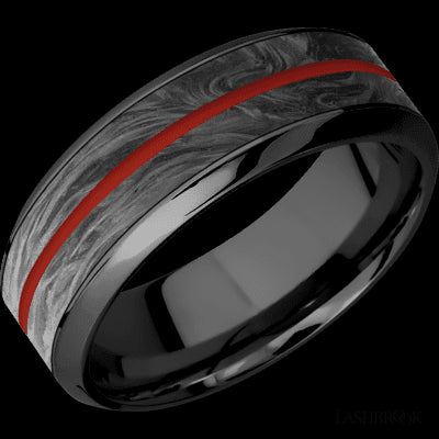 8 mm wide/High Bevel/Zirconium band featuring inlays of Forged Carbon Fiber and Red Apple.