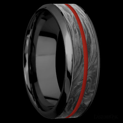 8 mm wide/High Bevel/Zirconium band featuring inlays of Forged Carbon Fiber and Red Apple.