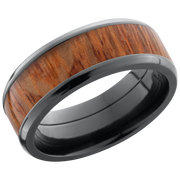 Zirconium 8mm beveled band with an inlay of Leopard hardwood