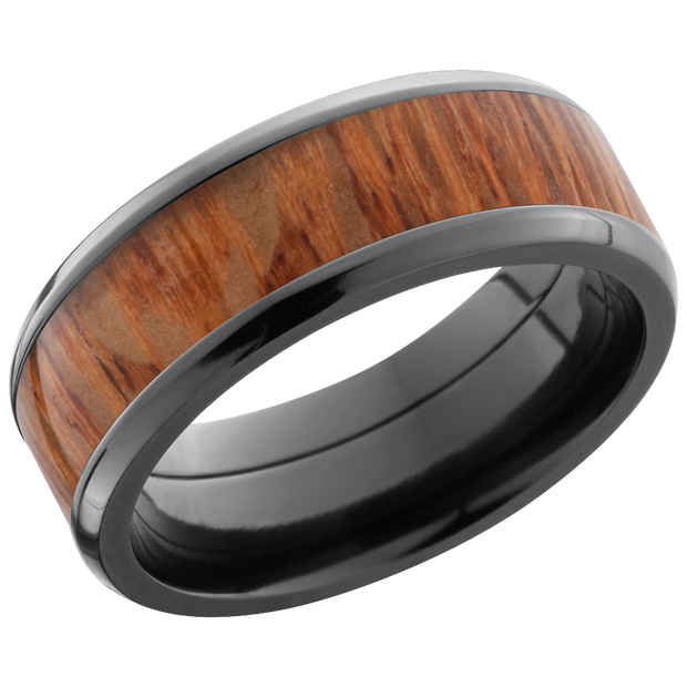 Zirconium 8mm beveled band with an inlay of Leopard hardwood