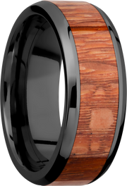 Zirconium 8mm beveled band with an inlay of Leopard hardwood