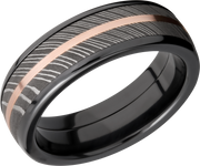 Zirconium domed 7mm band with a 5mm inlay of handmade Damascus steel and a 1mm inlay of 14K rose gold