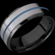 8 mm wide/Beveled/Zirconium band featuring inlays of Tantalum and Polar Blue.