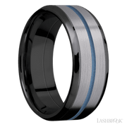 8 mm wide/Beveled/Zirconium band featuring inlays of Tantalum and Polar Blue.